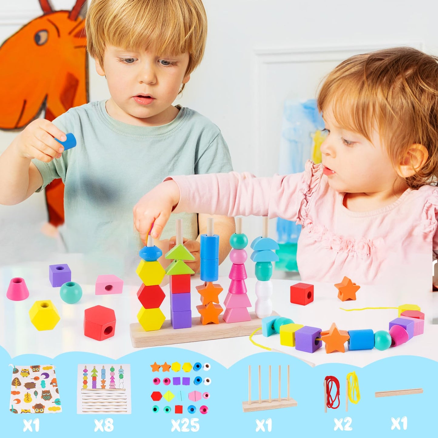 Montessori Spielzeug ab 3 4 5 Jahre, Holzspielzeug Steckspiel Fädelspiel Bausteine Sortierspiel für Kinder, Holz Stapelspiel Feinmotorik Motorikspielzeug Lernspiele Geschenk für Baby Junge Mädchen