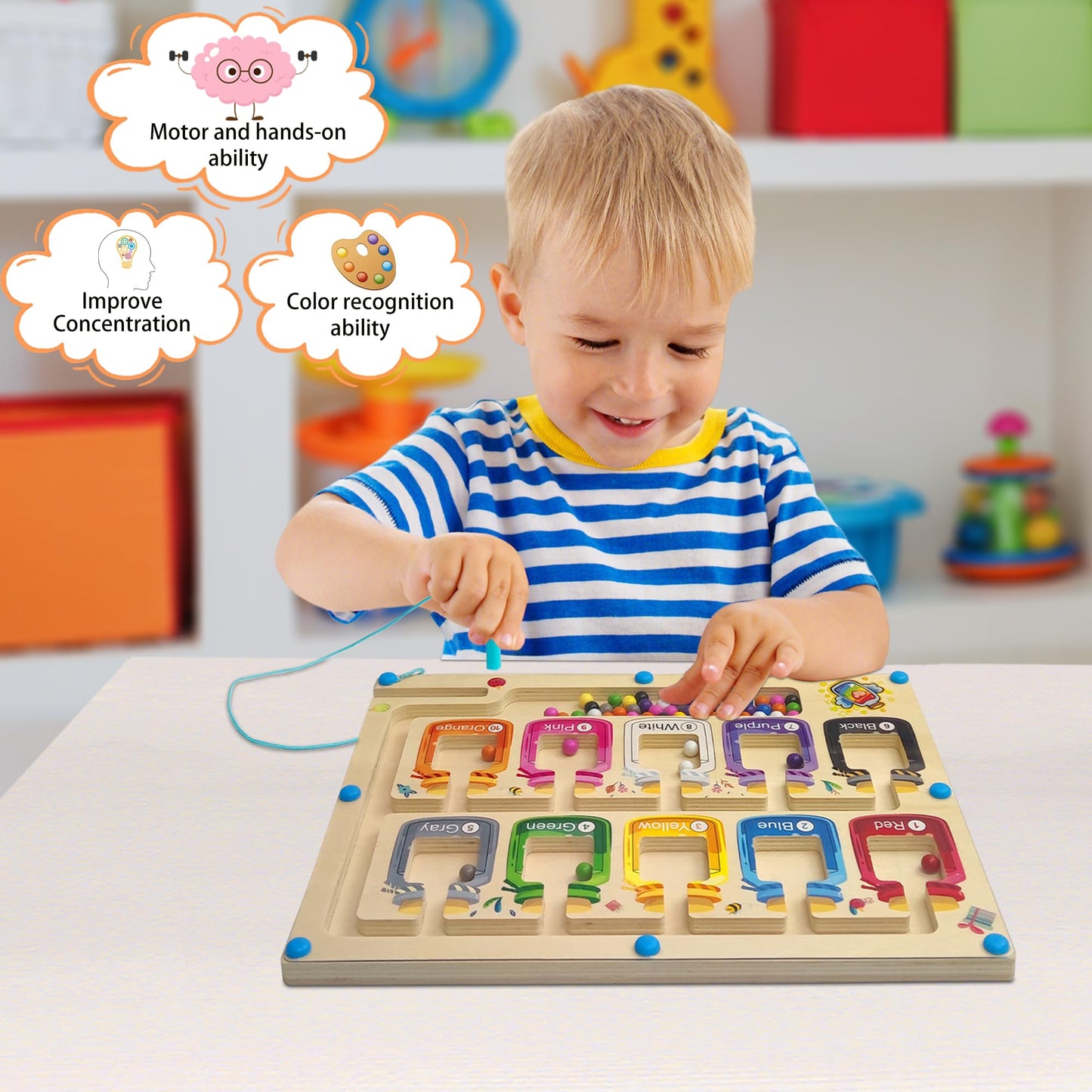 Montessori Spielzeug ab 3 4 5 Jahren, Magnetisches Labyrinth Lernspiel, Holzspielzeug zur Förderung von Zahlen und Farbenkenntnis, Motorikspielzeug und Sortierspiel, Geschenk für Mädchen und Jungen