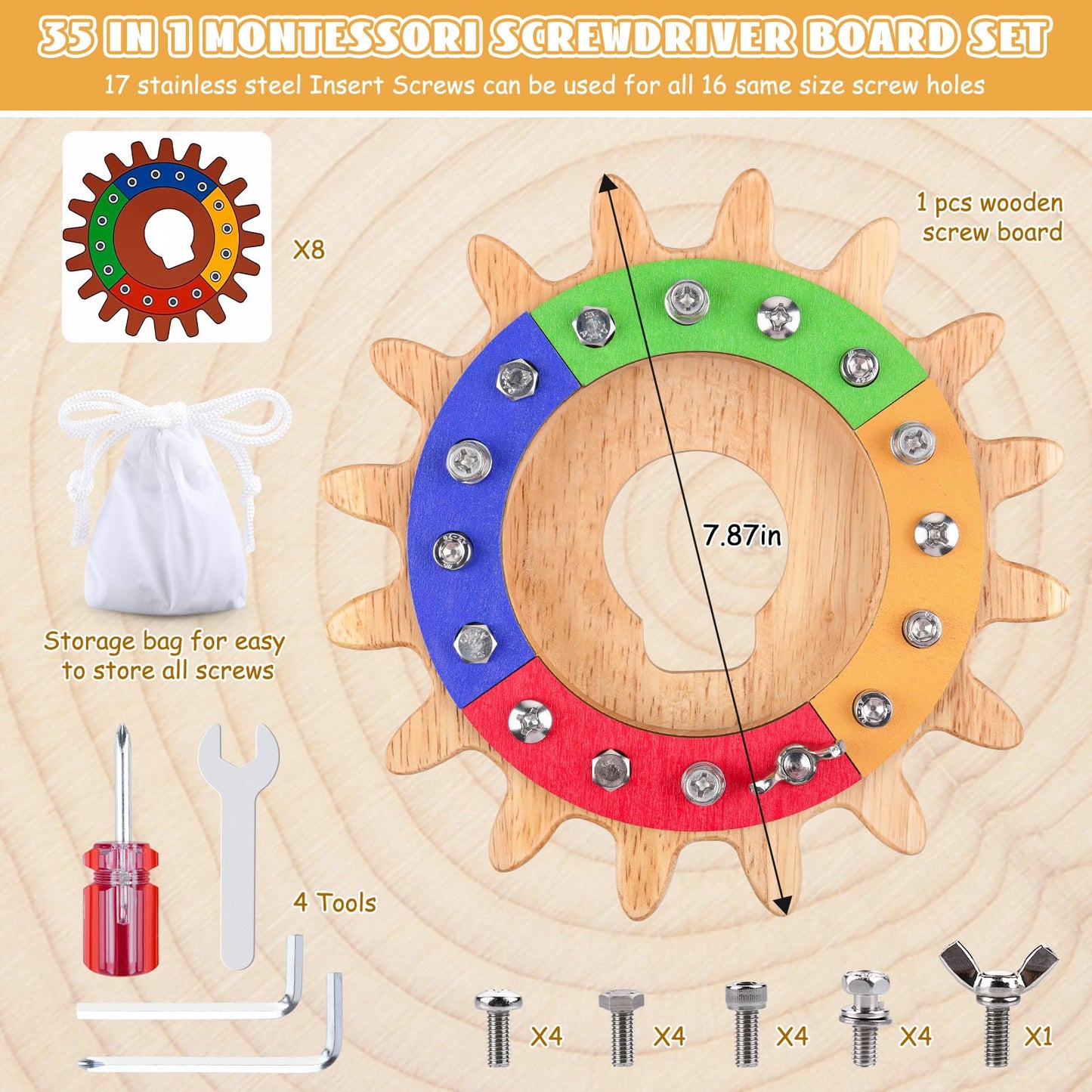 Devolamn Montessori Spielzeug für 3 4 5 Jahre, 35 in 1 Montessori Schraubbrett, Holzspielzeug Lernspielzeug Motorikspielzeug, Feinmotorik Sensorik Spielzeug Geschenk für Kleinkind STEM (20CM)