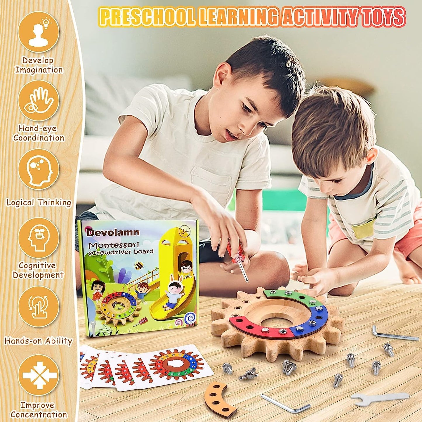 Devolamn Montessori Spielzeug für 3 4 5 Jahre, 35 in 1 Montessori Schraubbrett, Holzspielzeug Lernspielzeug Motorikspielzeug, Feinmotorik Sensorik Spielzeug Geschenk für Kleinkind STEM (20CM)