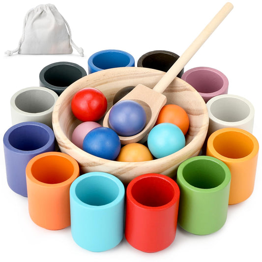 Royouzi Montessori Holzspielzeug, Montessori Ball Sortierspiel, Holz Sortier Stapelspielzeug, Montessori-Spielzeug mit 12 Bälle für Farbsortierung und Zählen Geschenk ab 2 3 4 5 Jahr