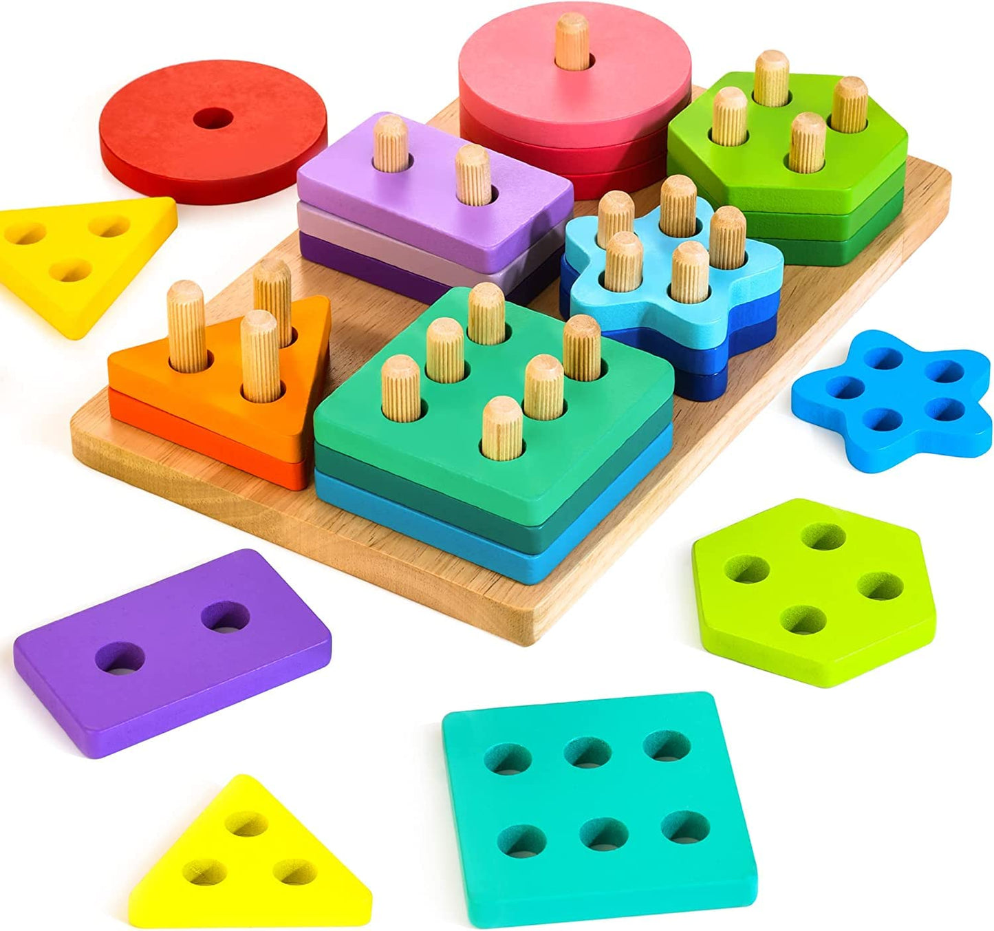 HELLOWOOD Montessori Spielzeug ab 1 2 3 Jahre, Holz Sortier- & Stapelspielzeug Steckpuzzle für 12+ Monate Baby-Jungen & Mädchen, 24pcs geometrische Baukasten, Shape Sorter Puzzles