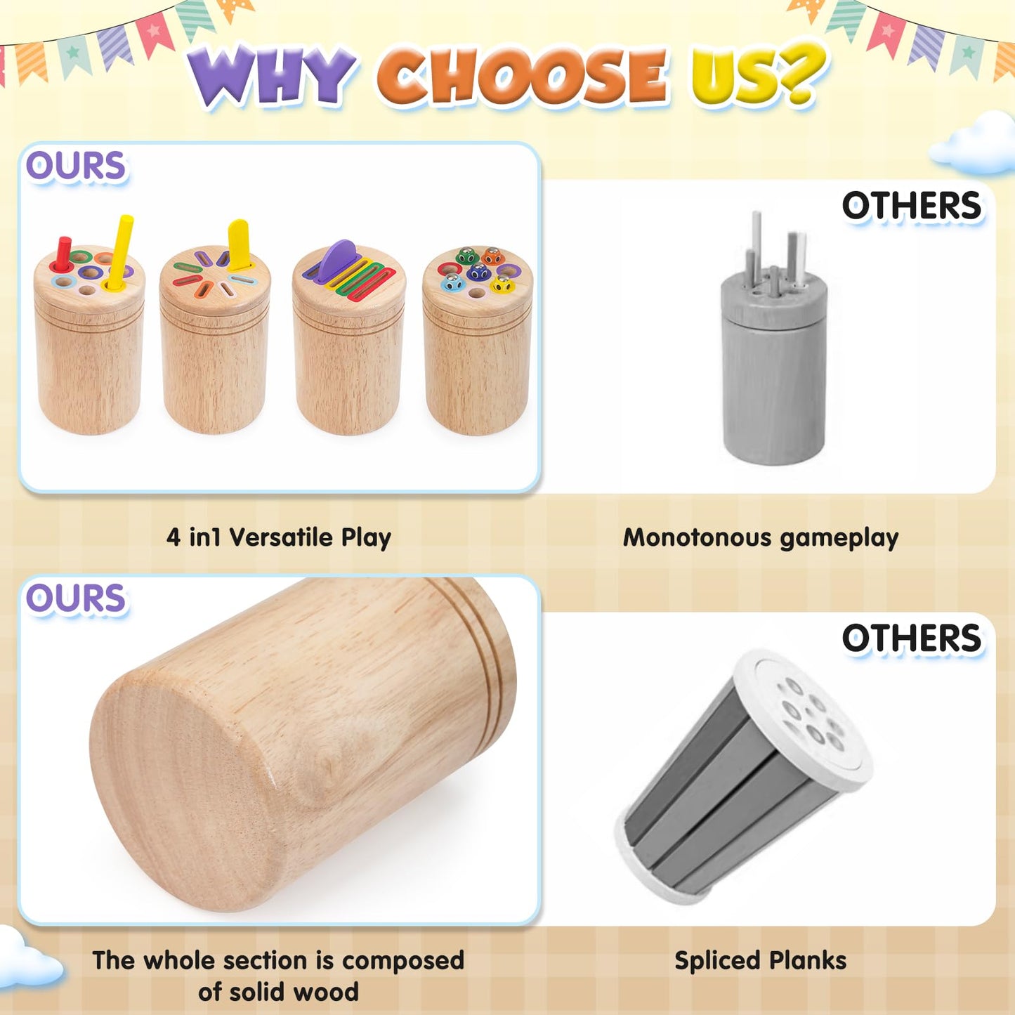 Haozozo Montessori Spielzeug ab 1 Jahr, 4-in-1 Montessori Spielzeug ab 1 2 3 Jahre, Holz Montessori Spielzeug 1 2 3 Jahre, Sensorik Spielzeug Baby Kleinkind Spielzeug Motorikspielzeug ab 1 Jahr