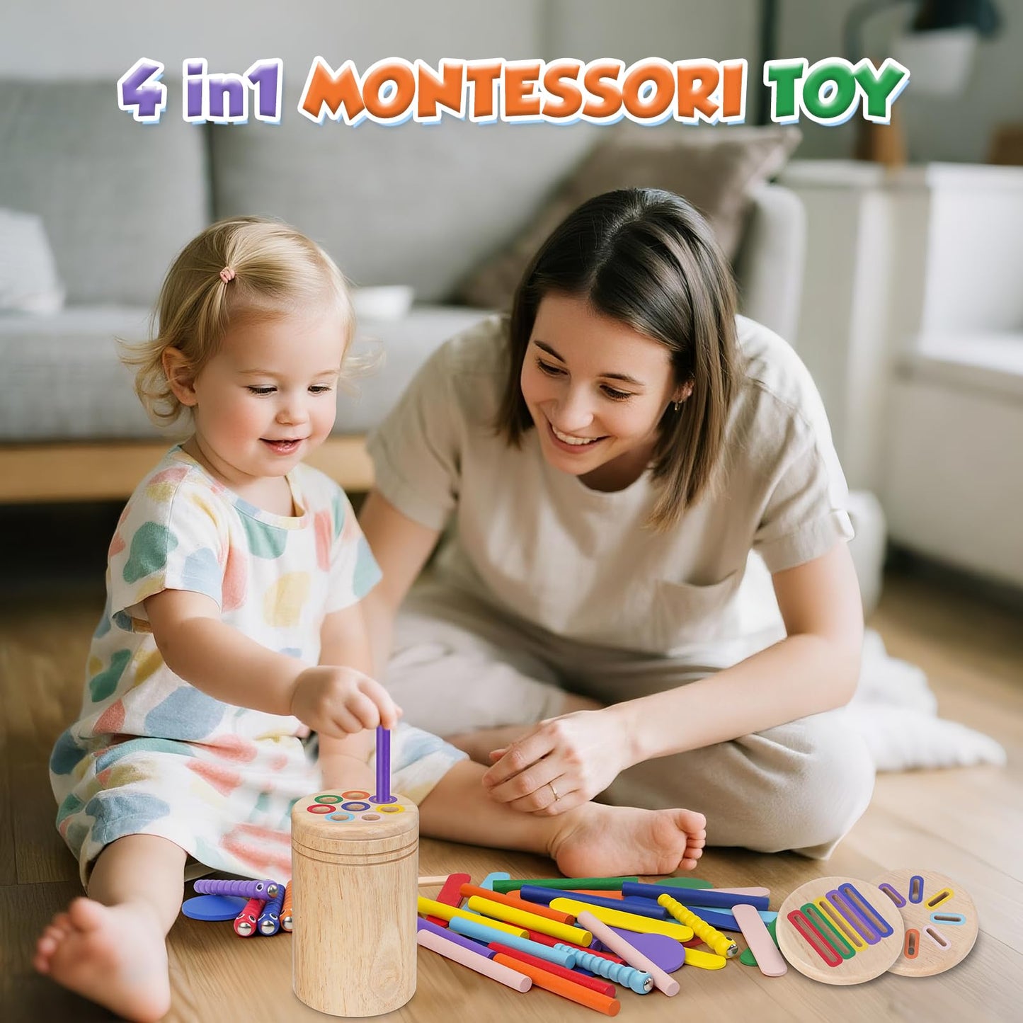 Haozozo Montessori Spielzeug ab 1 Jahr, 4-in-1 Montessori Spielzeug ab 1 2 3 Jahre, Holz Montessori Spielzeug 1 2 3 Jahre, Sensorik Spielzeug Baby Kleinkind Spielzeug Motorikspielzeug ab 1 Jahr