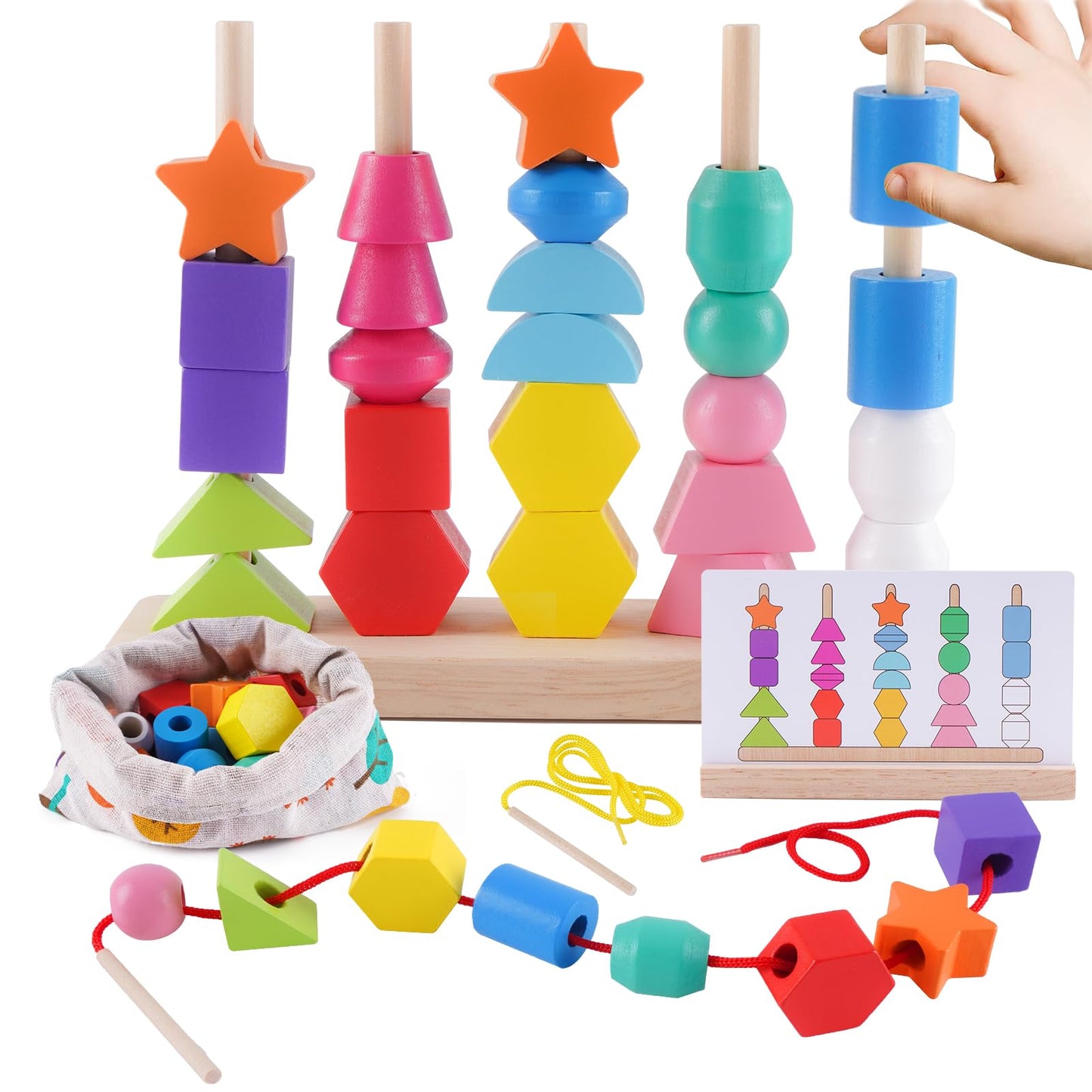 Montessori Spielzeug ab 3 4 5 Jahre, Holzspielzeug Steckspiel Fädelspiel Bausteine Sortierspiel für Kinder, Holz Stapelspiel Feinmotorik Motorikspielzeug Lernspiele Geschenk für Baby Junge Mädchen