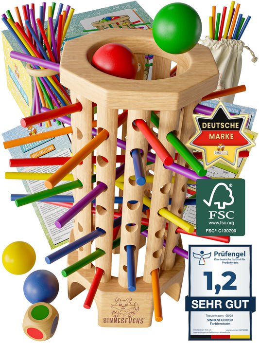 SINNESFUCHS® Farblernturm - FSC® 100% - Montessori Spielzeug ab 3 Jahre - Holzspielzeug pädagogisch wertvoll - Lernspiele ab 3 Jahre - Kinder Farben Stäbchen Holz Spiel - Kinderspiele ab 4 Jahre