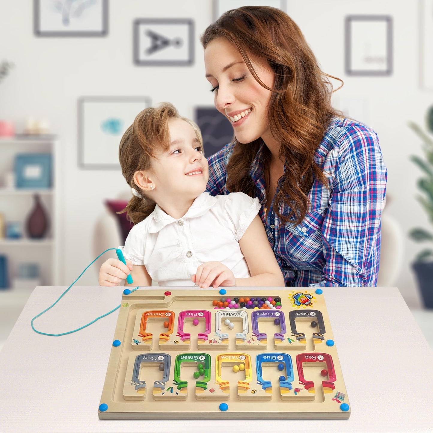 Montessori Spielzeug ab 3 4 5 Jahren, Magnetisches Labyrinth Lernspiel, Holzspielzeug zur Förderung von Zahlen und Farbenkenntnis, Motorikspielzeug und Sortierspiel, Geschenk für Mädchen und Jungen